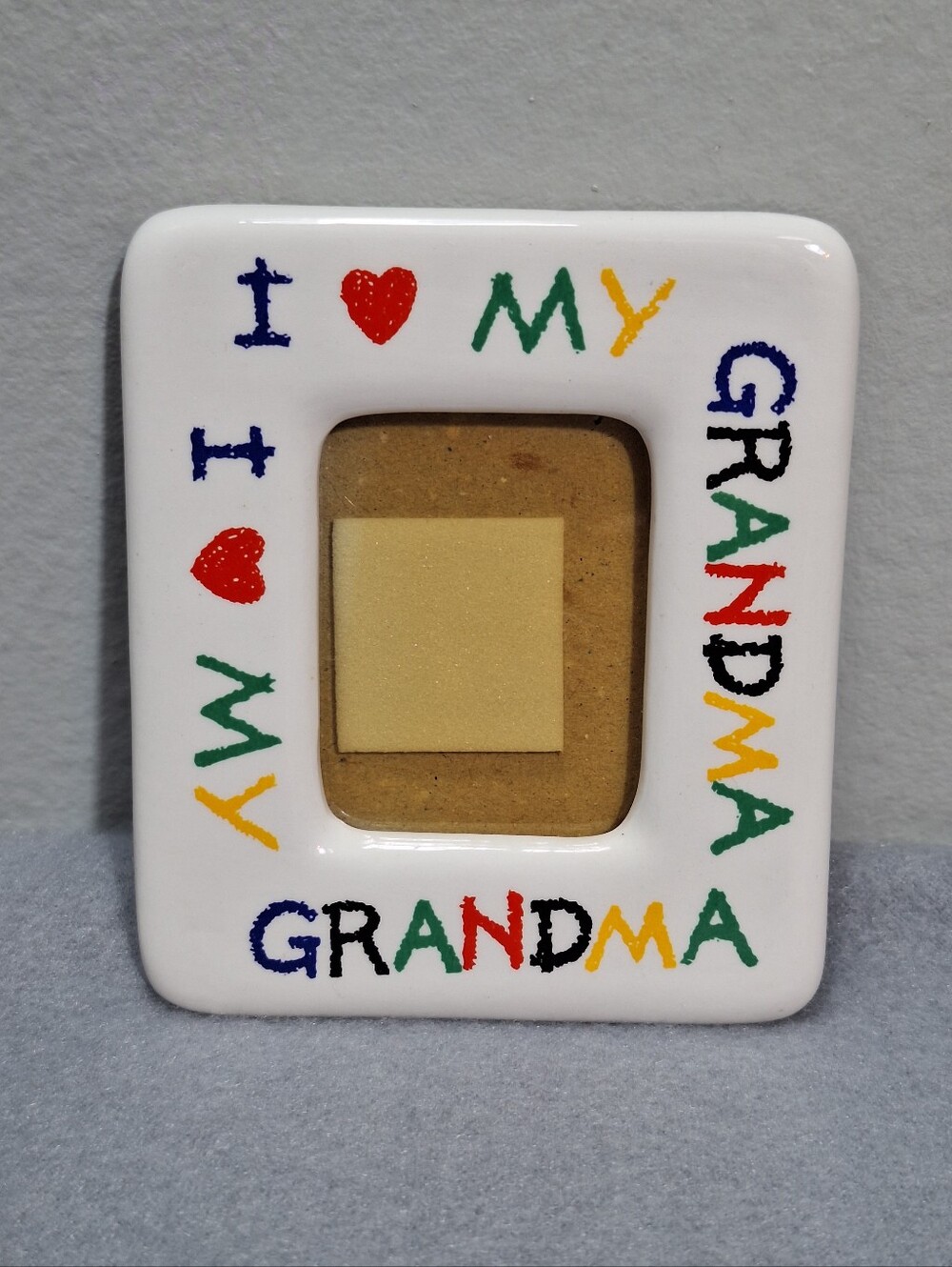 Vtg 90s White Ceramic Crayon Lettering Mini I LOVE GRANDMA Picture Frame Magnet
